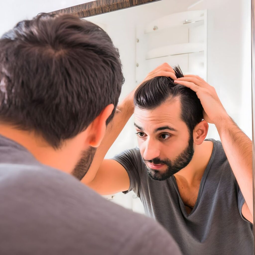 "Man examining hair thinning before PRP treatment. Can PRP Reverse Hair Thinning in Men? Can PRP Reverse Hair Thinning in Men?